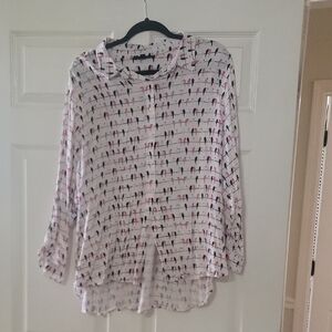 Jane and Delancey White Button-Front Bird Print Shirt with Pink & Black Motif